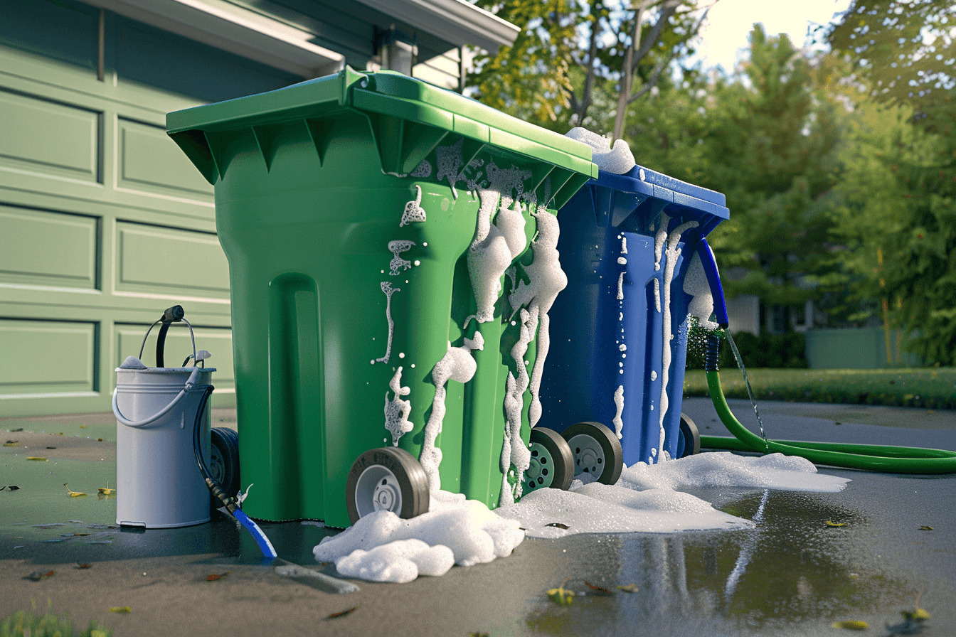 Professional bin cleaning service - green and blue trash cans being washed
