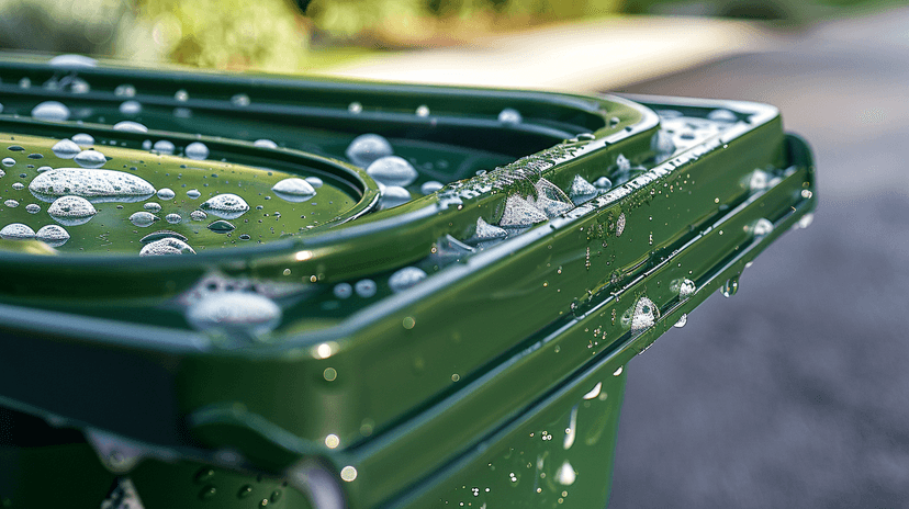 Pristine green bin surface with water beads after cleaning